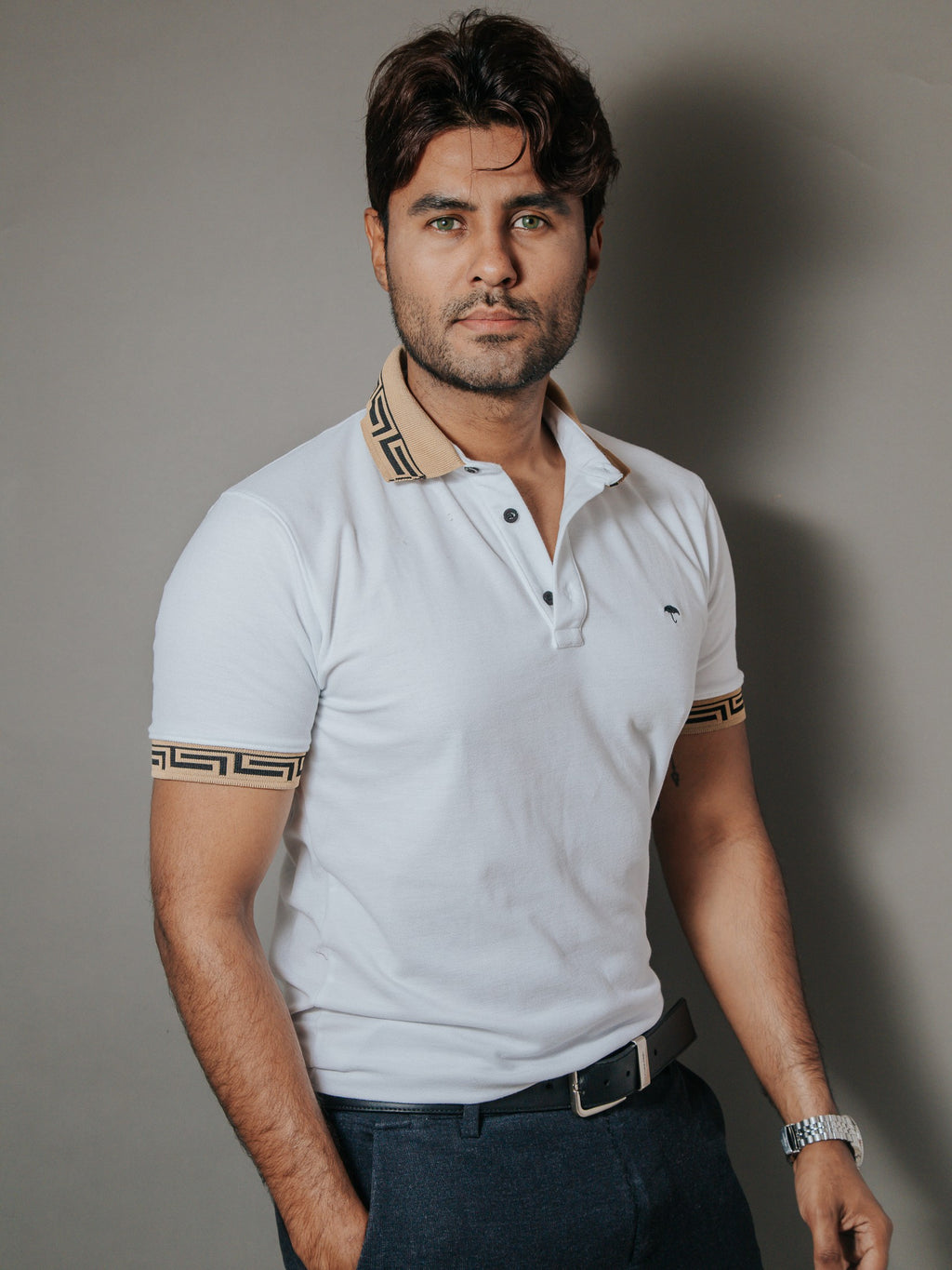 Playera Polo Hombre Slim Fit Blanca Detalle Beige