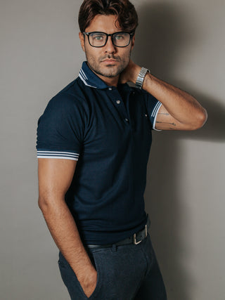 Playera Polo Hombre Slim Fit Azul Marino Detalles Blanco