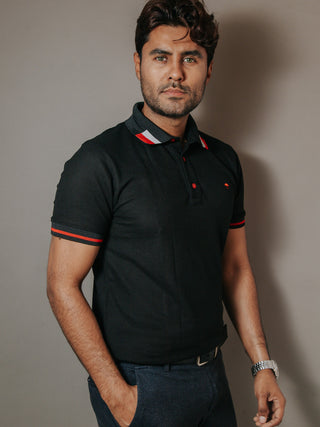 Playera Polo Hombre Slim Fit Negro Detalle Blanco y Rojo