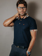 Playera Polo Hombre Slim Fit Azul Marino Detalle Beige