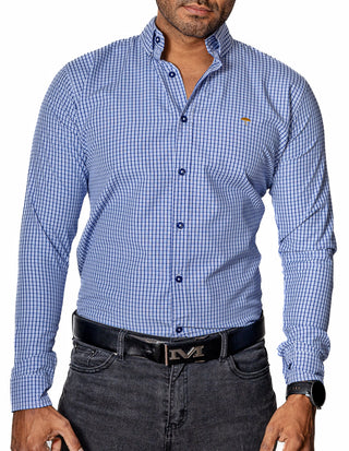 Camisa Hombre Casual Mini Cuadros Azul Marino, Blancos