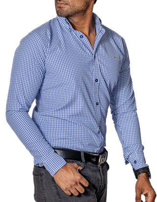 Camisa Hombre Casual Mini Cuadros Azul Marino, Blancos