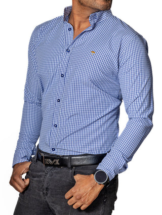 Camisa Hombre Casual Mini Cuadros Azul Marino, Blancos