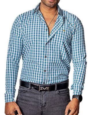 Camisa Hombre Casual Mini Cuadros Azul Turquesa, Blancos