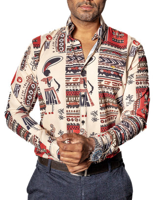 Camisa Hombre Casual Beige Figuras Aztecas