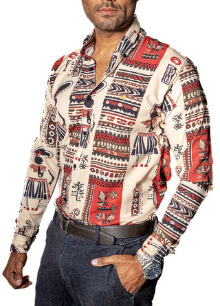 Camisa Hombre Casual Beige Figuras Aztecas