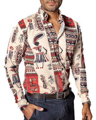 Camisa Hombre Casual Beige Figuras Aztecas