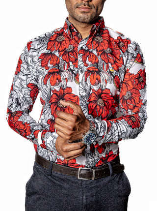 Camisa Hombre Casual Flores Rojas, Blancas