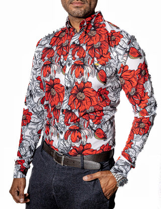 Camisa Hombre Casual Flores Rojas, Blancas