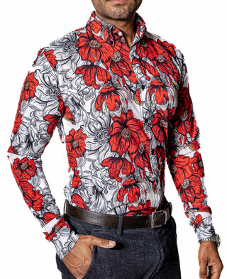 Camisa Hombre Casual Flores Rojas, Blancas