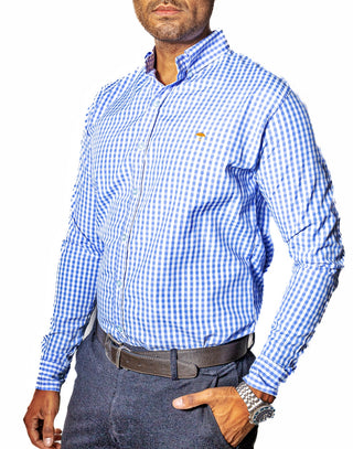 Camisa Hombre Casual Mini Cuadros Azul Claro, Blancos