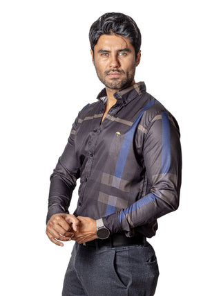 Camisa Hombre Casual Negro Rayas Azules, Marrón