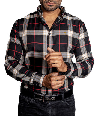 Camisa Hombre Casual Cuadros Negros, Beige Lineas Rojas