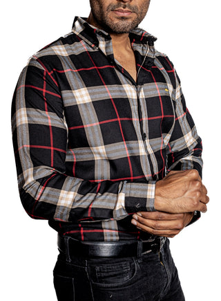 Camisa Hombre Casual Cuadros Negros, Beige Lineas Rojas