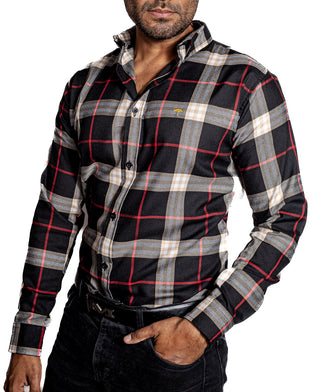 Camisa Hombre Casual Cuadros Negros, Beige Lineas Rojas