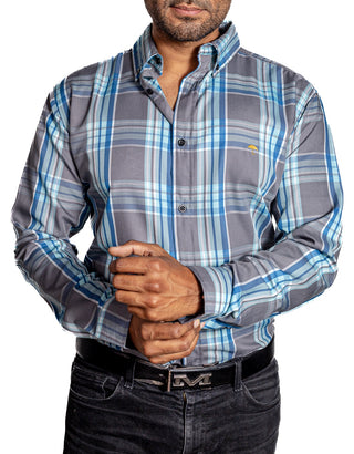 Camisa Hombre Casual Cuadros Grises, Azules