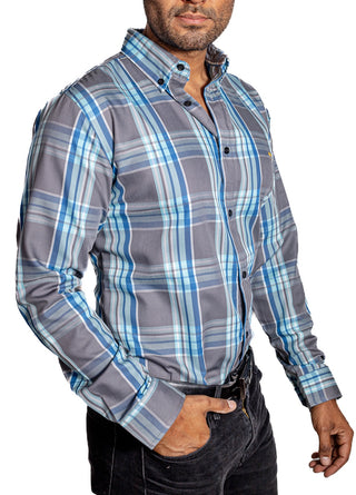 Camisa Hombre Casual Cuadros Grises, Azules