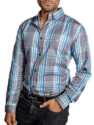 Camisa Hombre Casual Cuadros Grises, Azules