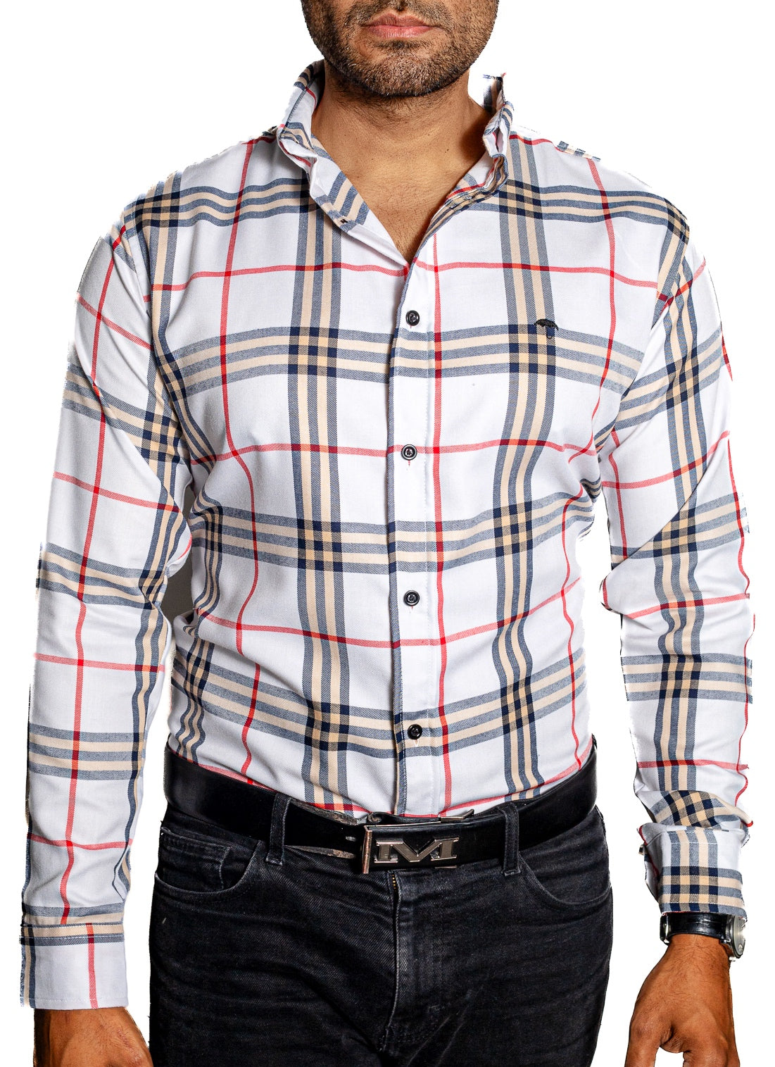 Men's Casual Shirt White Checkered Yellow and Black Lines