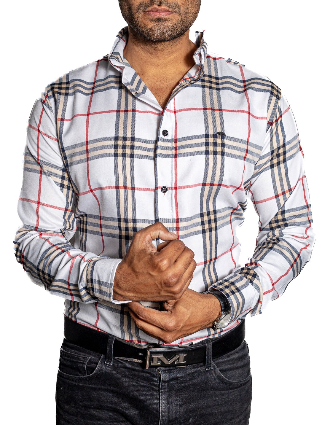 Men's Casual Shirt White Checkered Yellow and Black Lines