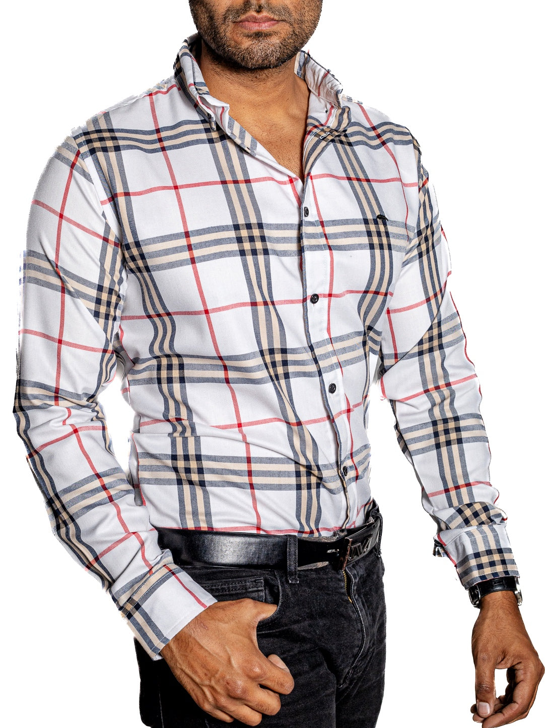 Men's Casual Shirt White Checkered Yellow and Black Lines