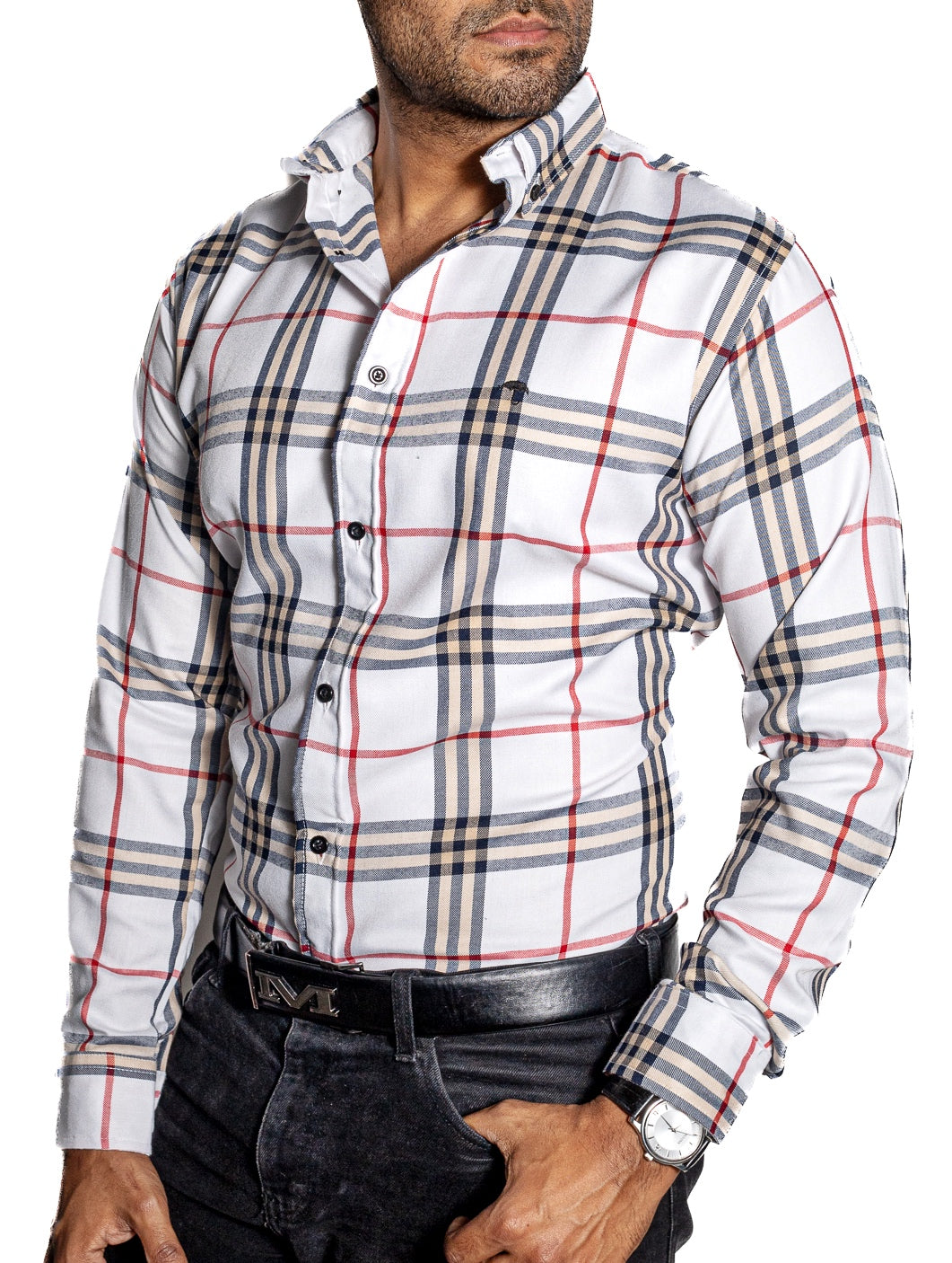 Men's Casual Shirt White Checkered Yellow and Black Lines