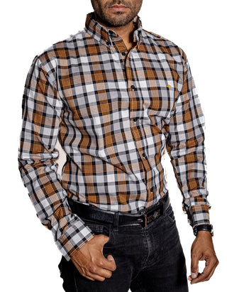 Camisa Hombre Casual Regular Fit Cuadros Gris Rayas Naranja