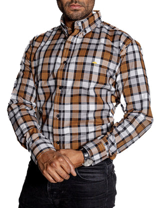 Camisa Hombre Casual Regular Fit Cuadros Gris Rayas Naranja