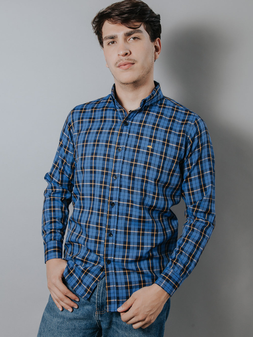 Camisa Hombre Casual Cuadros Azul Línea Naranja