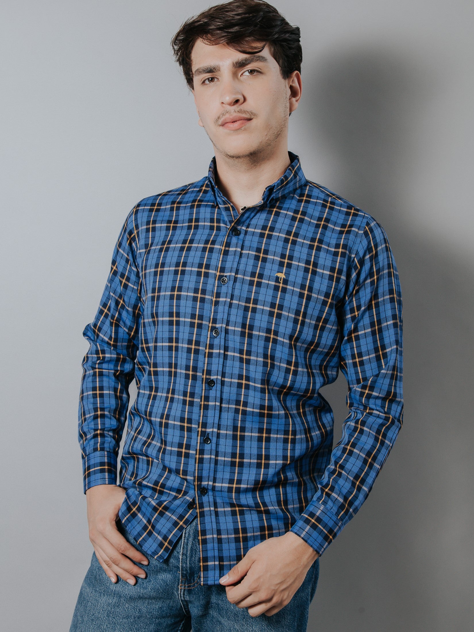 Camisa Hombre Casual Cuadros Azul Línea Naranja