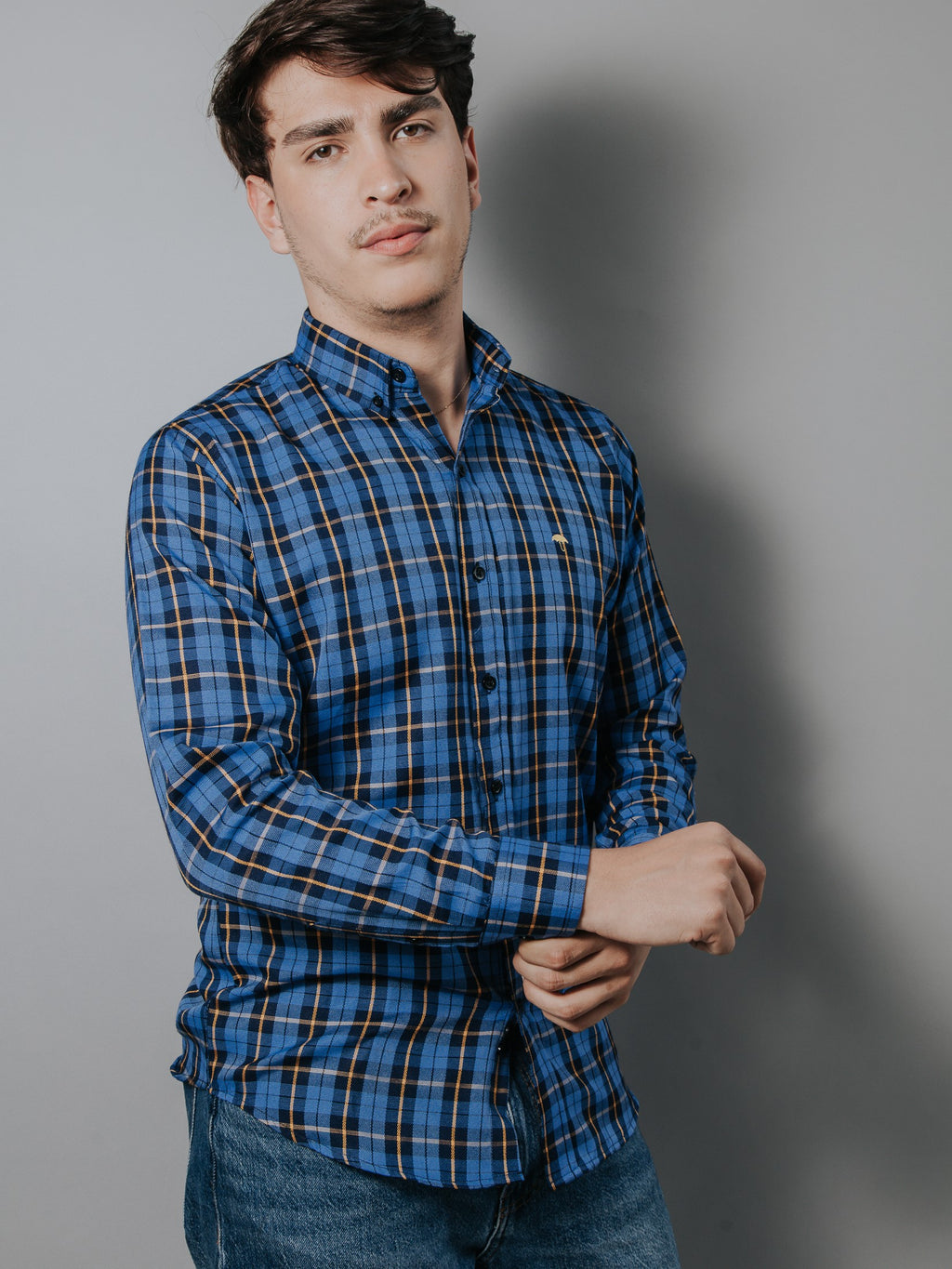 Camisa Hombre Casual Cuadros Azul Línea Naranja