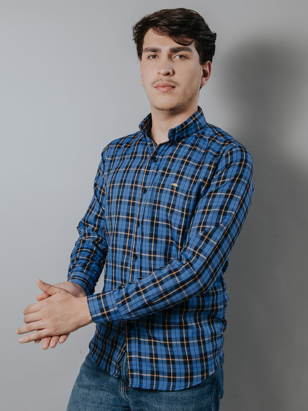 Camisa Hombre Casual Cuadros Azul Y Blanco Línea Naranja