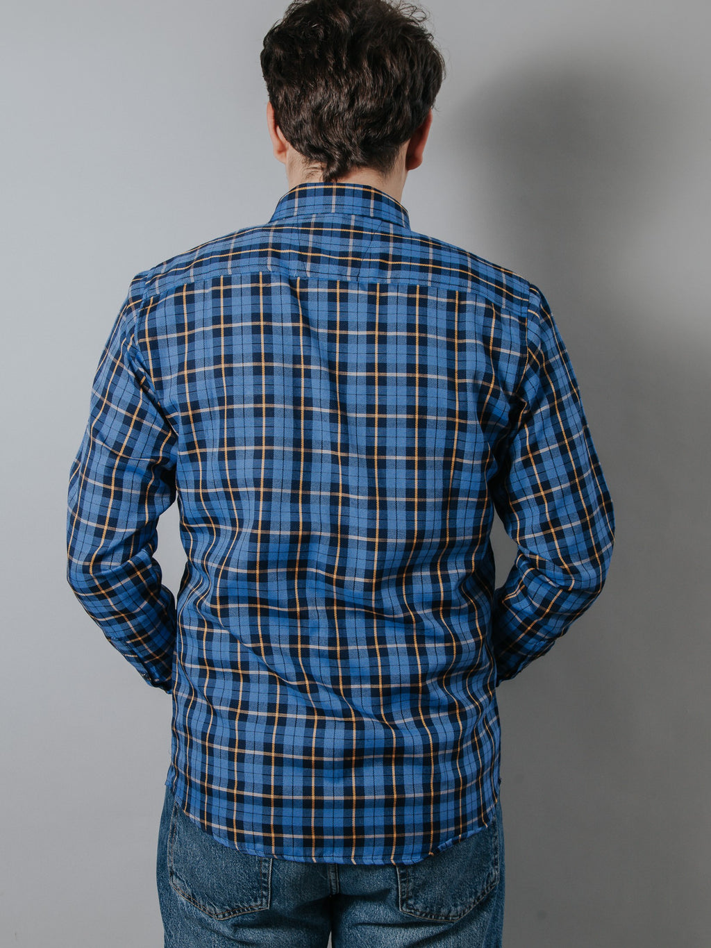 Camisa Hombre Casual Cuadros Azul Y Blanco Línea Naranja