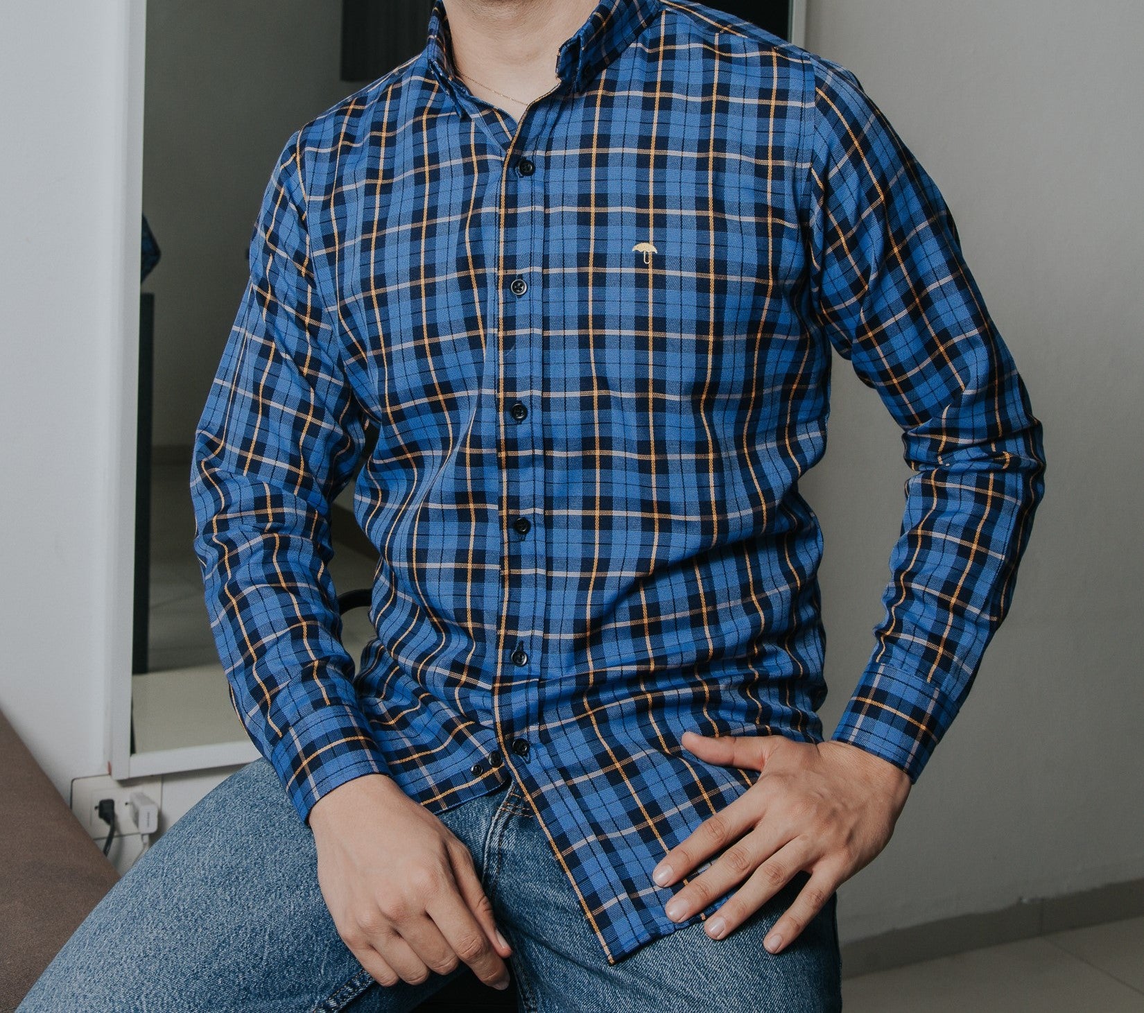 Camisa Hombre Casual Cuadros Azul Línea Naranja