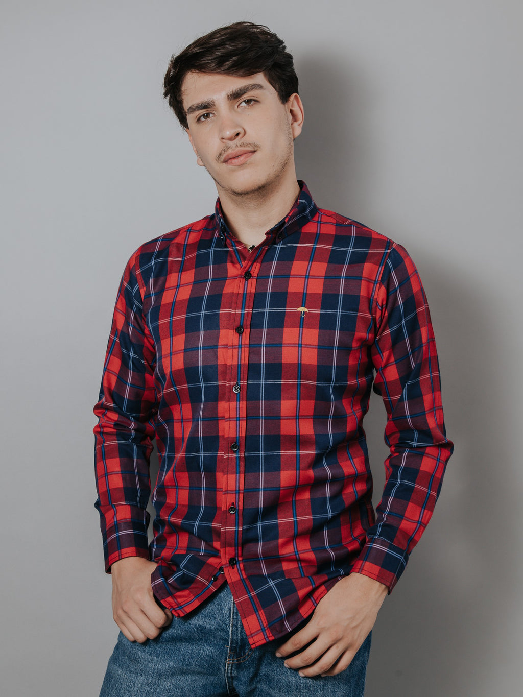 Camisa Hombre Casual Cuadros Azul Y Rojo Líneas Azul Rey