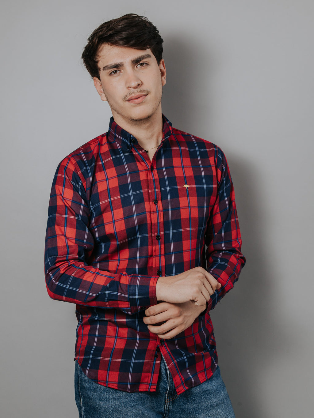 Camisa Hombre Casual Cuadros Azul Y Rojo Líneas Azul Rey