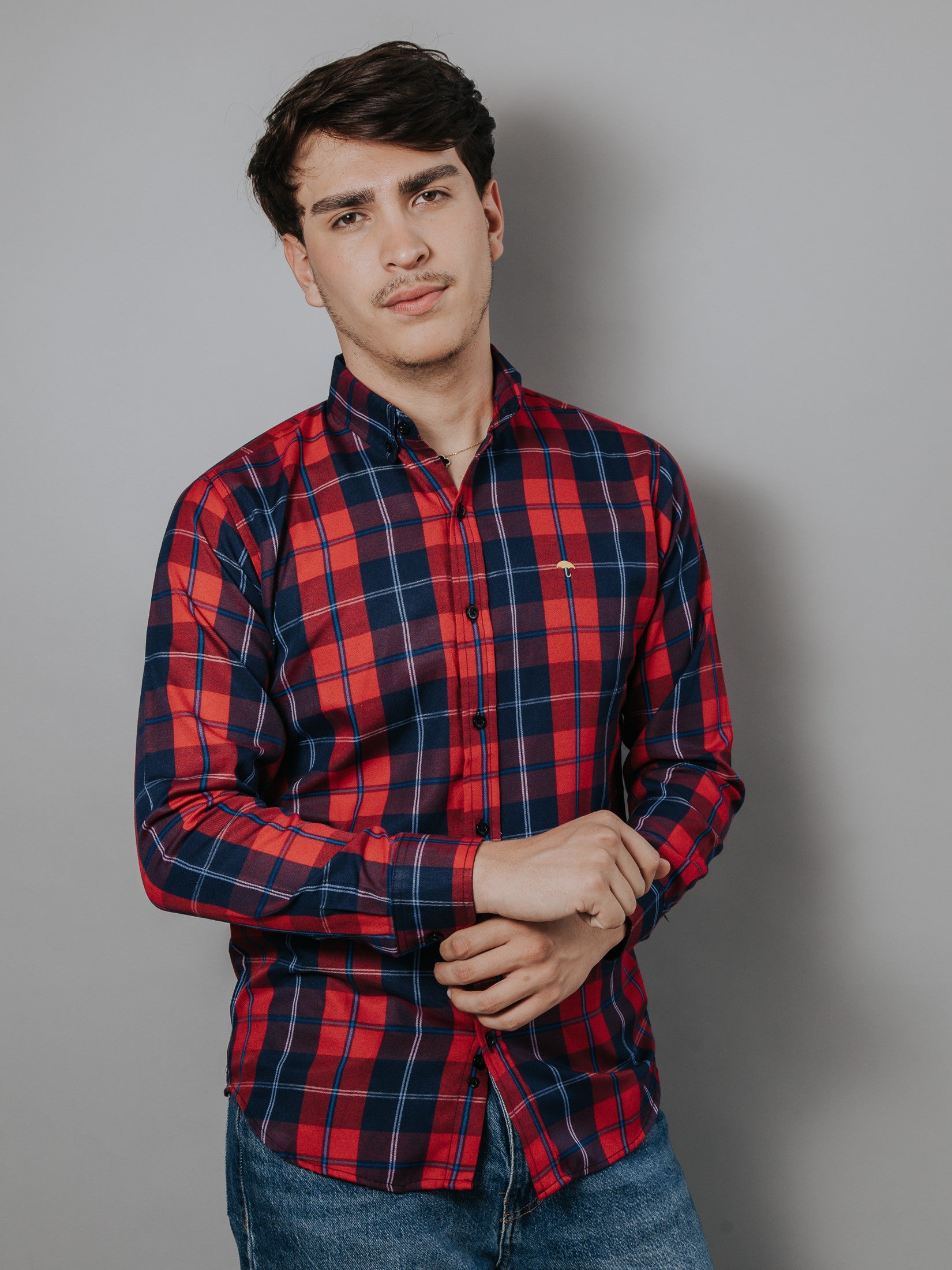 Camisa Hombre Casual Cuadros Azul Y Rojo Líneas Azul Rey