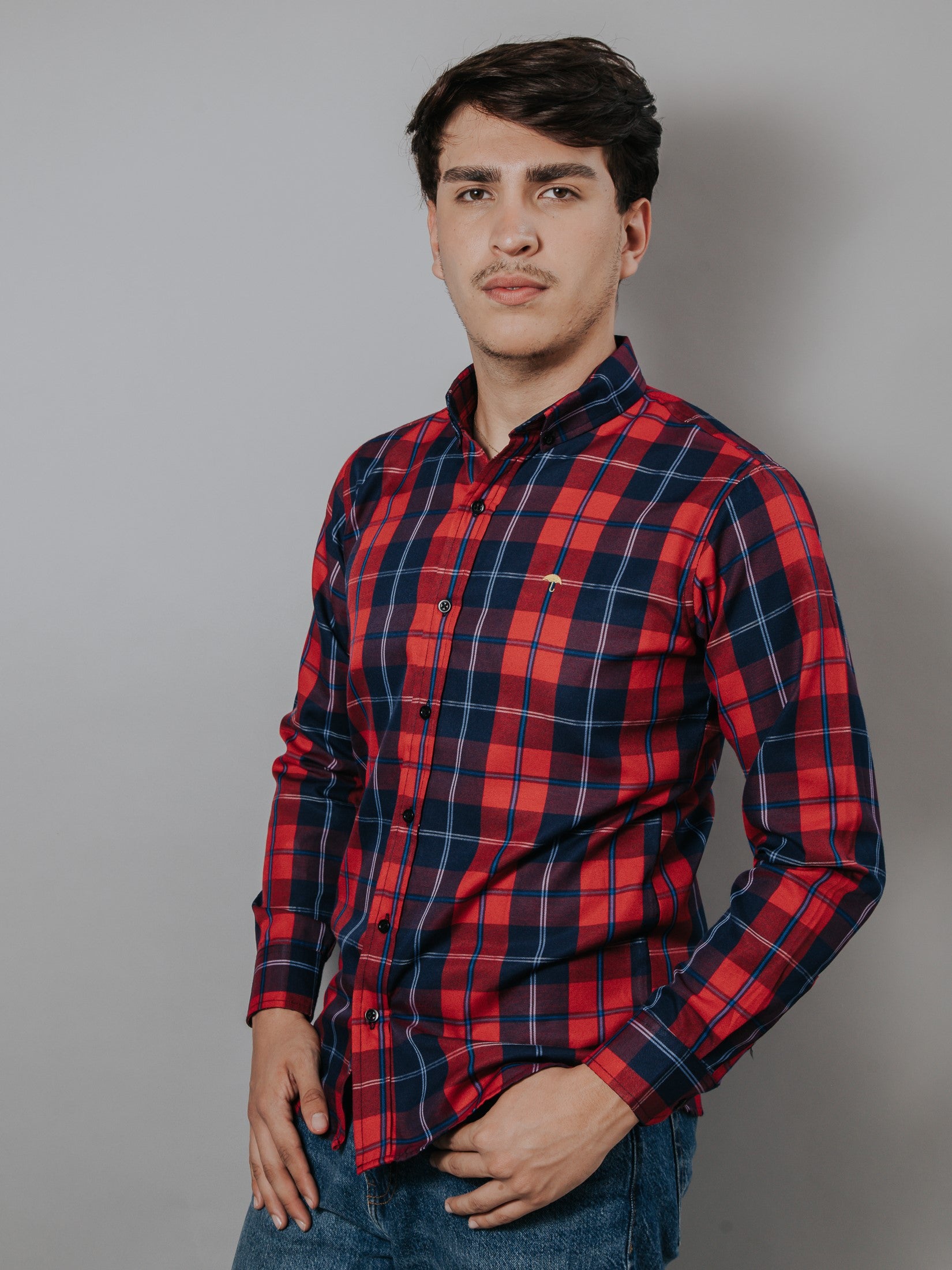 Camisa Hombre Casual Cuadros Azul Y Rojo Líneas Azul Rey