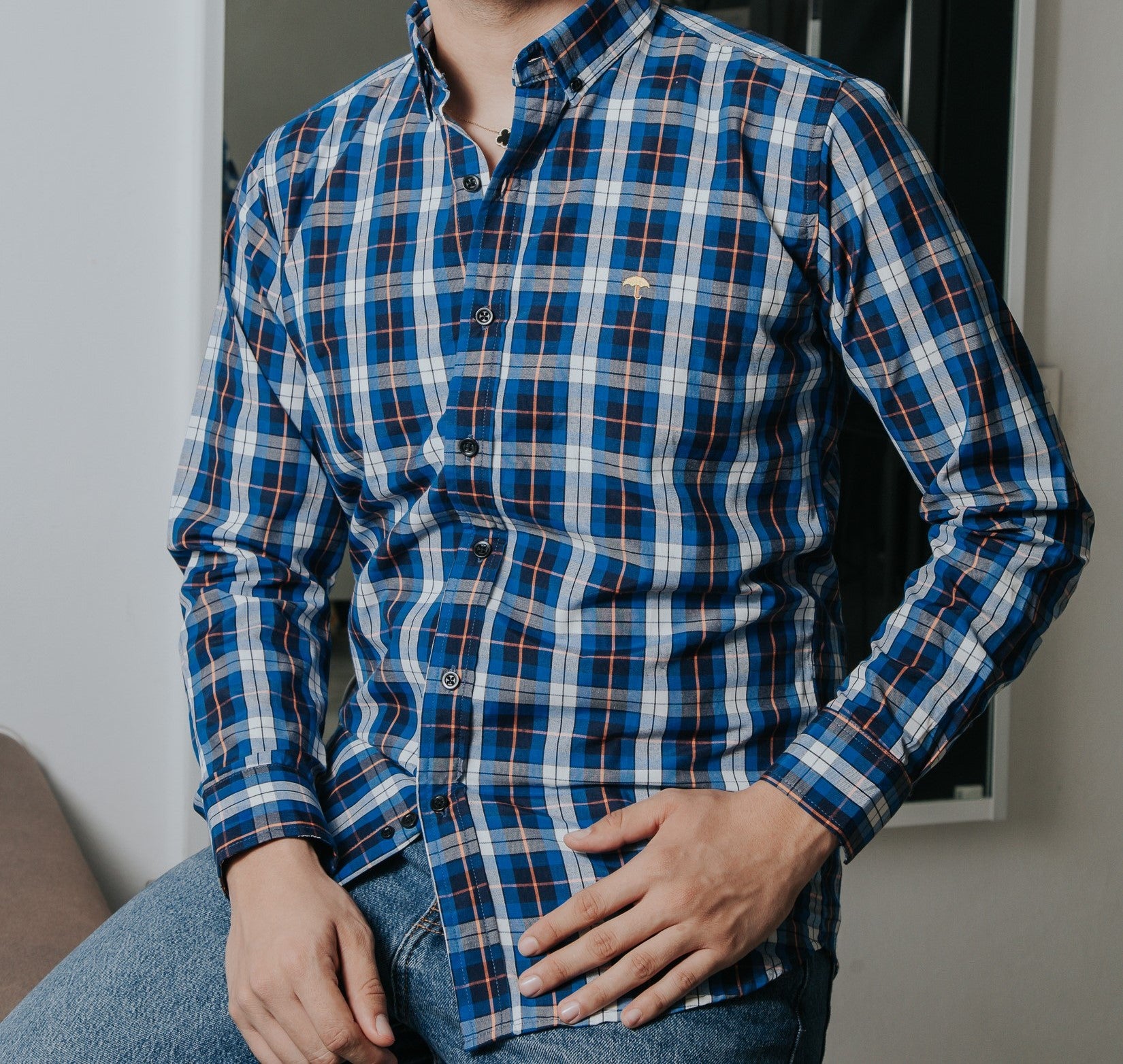 Camisa Hombre Casual Cuadros Azul Y Blanco Línea Naranja