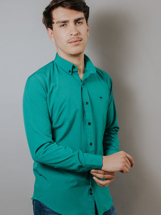 Men's Casual Slim Fit Green Plain Shirt 007