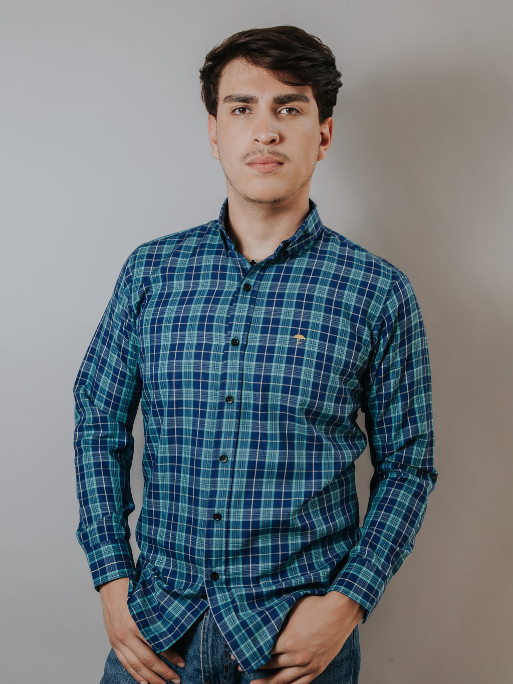 Camisa Hombre Casual Cuadro Azul Rey Y Verde