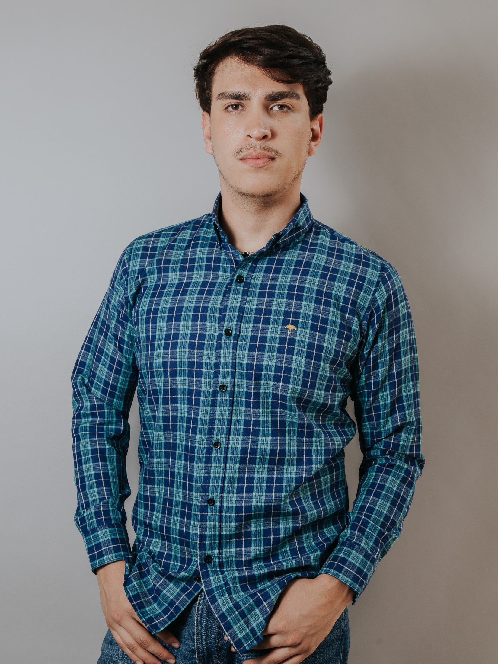 Camisa Hombre Casual Cuadro Azul Rey Y Verde