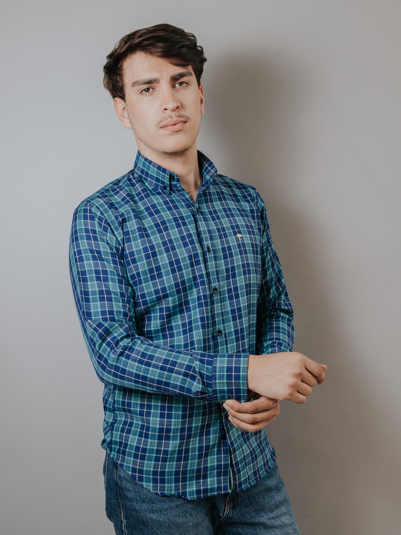 Camisa Hombre Casual Cuadro Azul Rey Y Verde