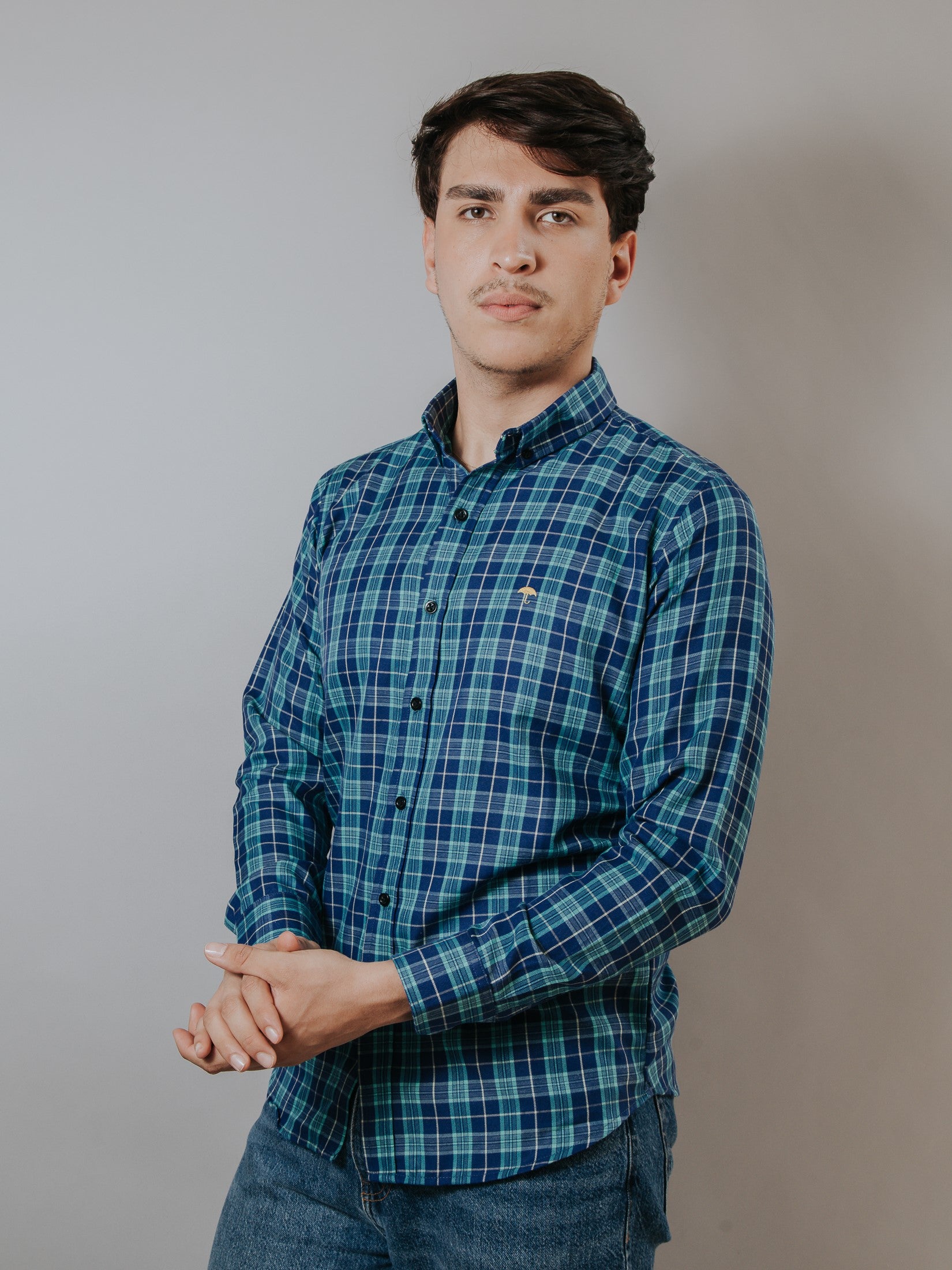 Camisa Hombre Casual Cuadro Azul Rey Y Verde