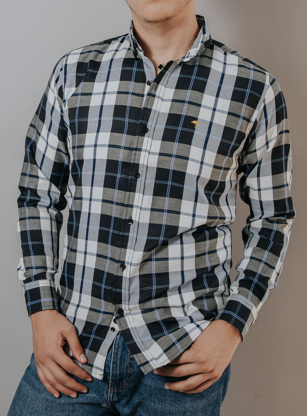 Camisa Hombre Casual Cuadro Negro Y Hueso Línea Azul