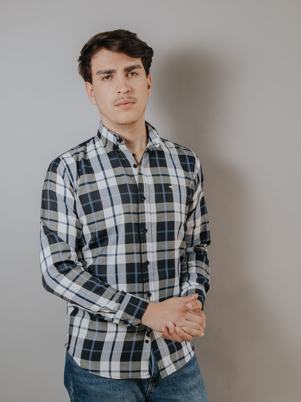 Camisa Hombre Casual Cuadro Negro Y Hueso Línea Azul