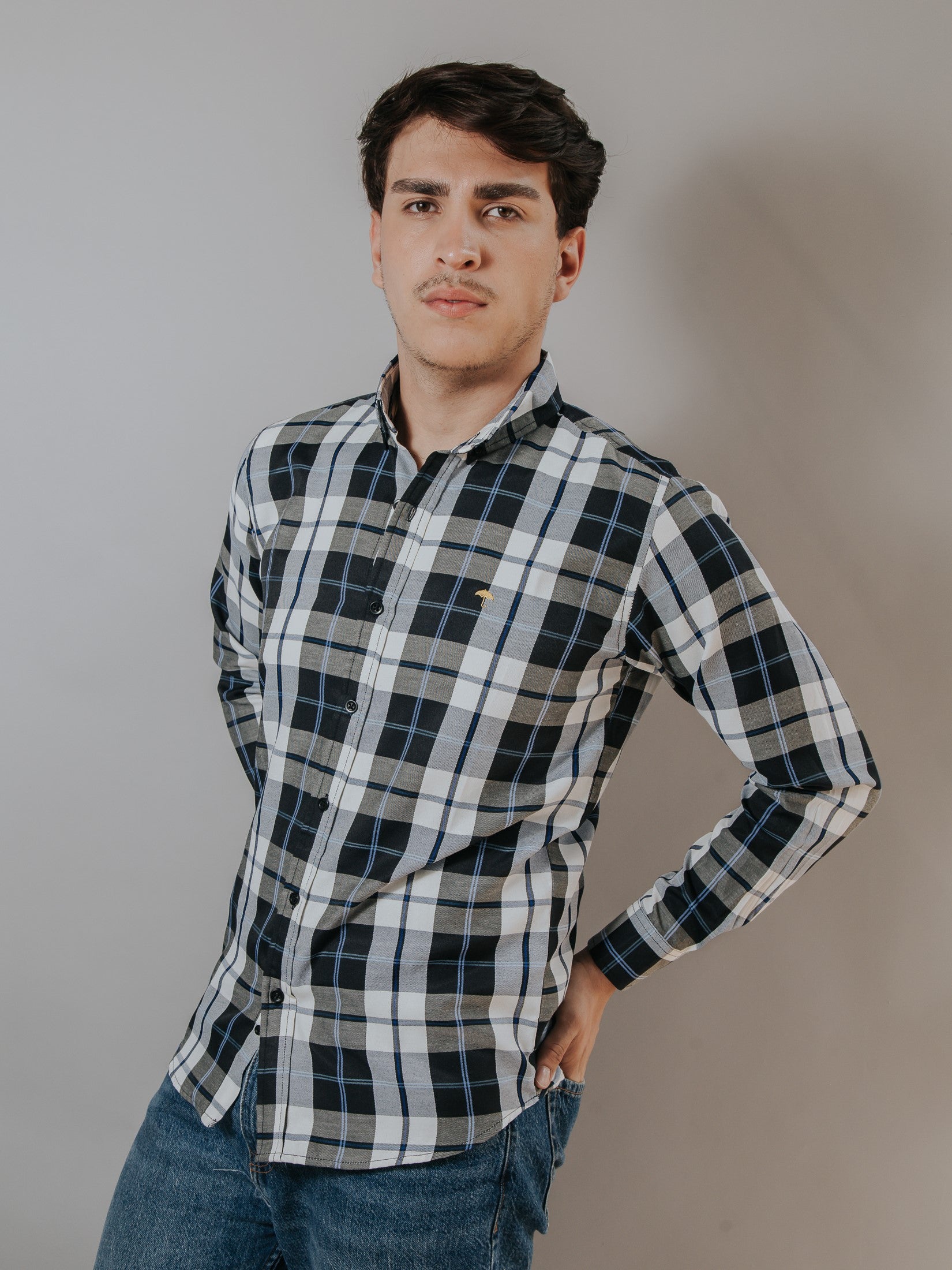 Camisa Hombre Casual Cuadro Negro Y Hueso Línea Azul