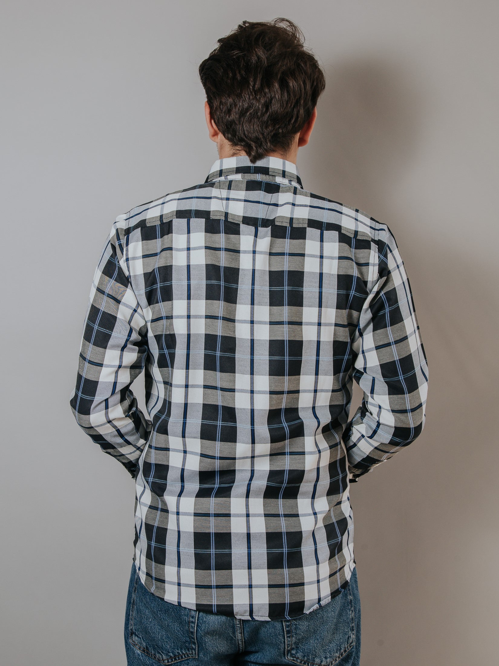 Camisa Hombre Casual Cuadro Negro Y Hueso Línea Azul