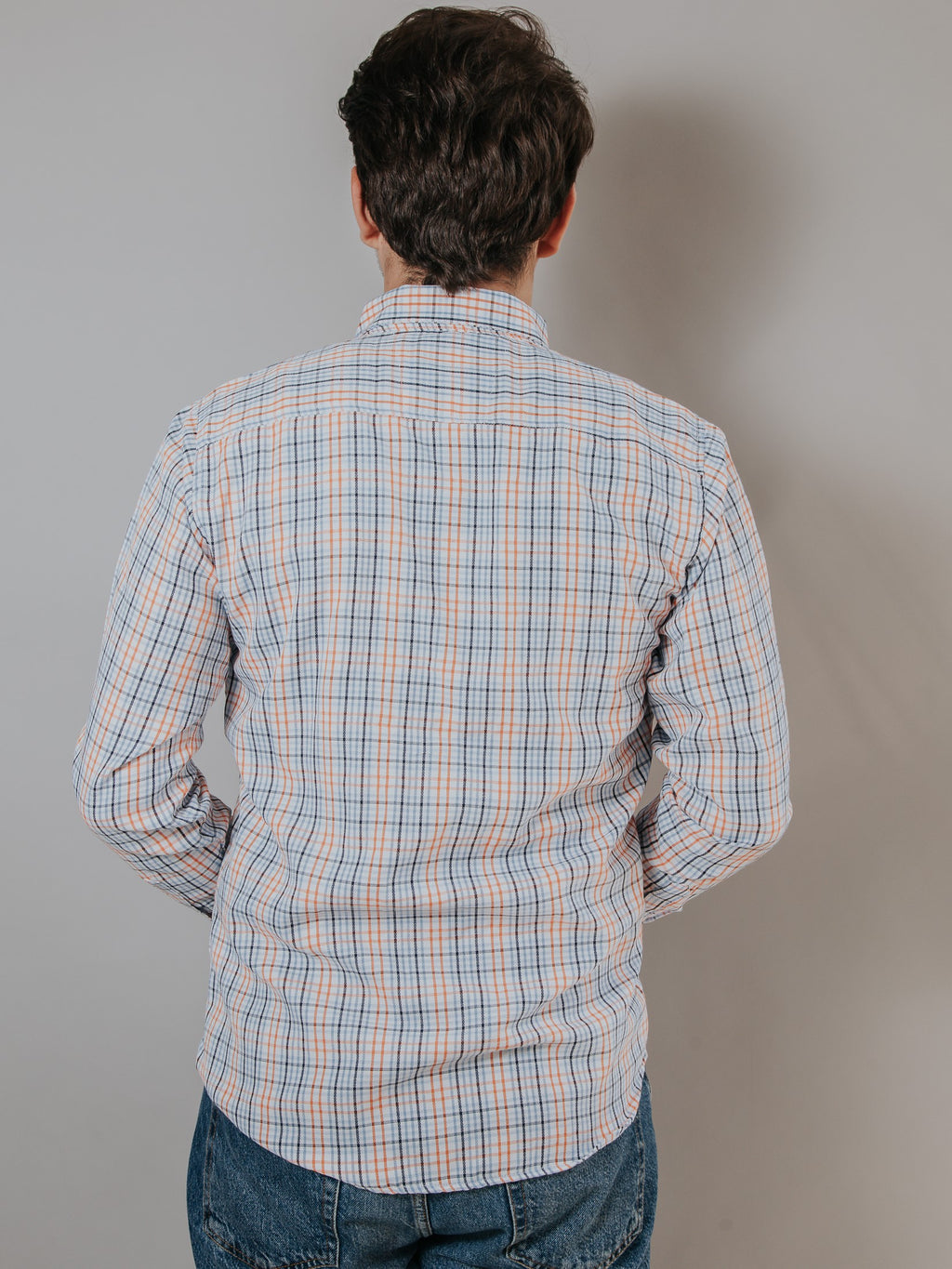 Camisa Hombre Casual Blanca Líneas Azul Cielo Y Naranja