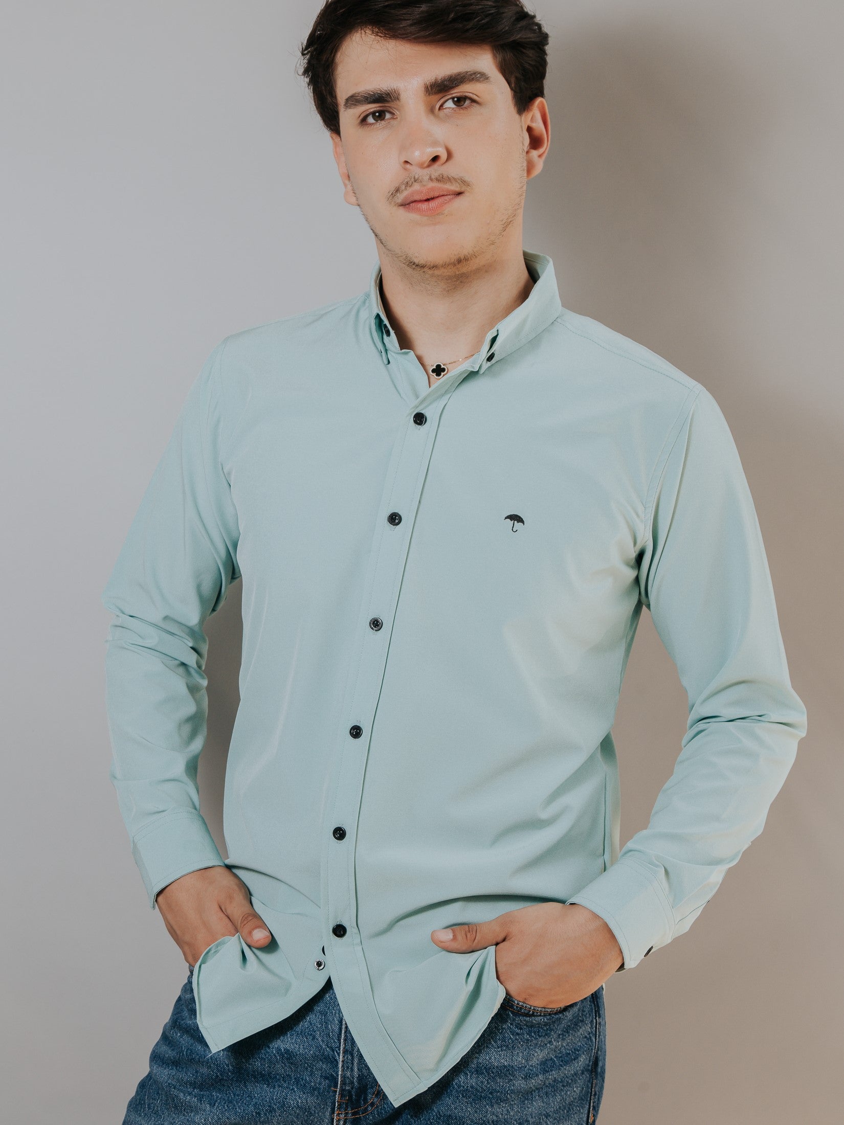 Camisa Hombre Casual Slim Fit Azul Menta Lisa - 34 (S)-Tiendas Platino